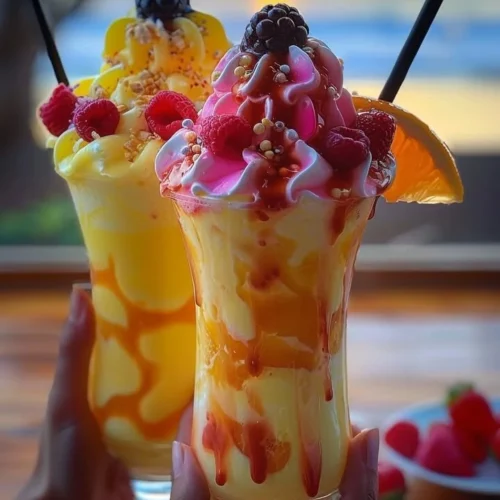 Colorful Rainbow Sherbet Piña Colada drink served in a tropical setting