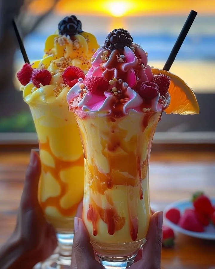 Colorful Rainbow Sherbet Piña Colada drink served in a tropical setting
