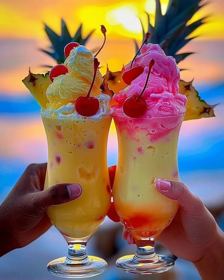 Colorful Rainbow Sherbet Piña Colada in a glass with a tropical garnish