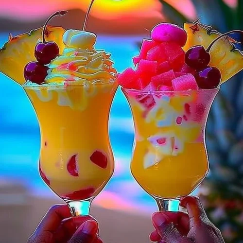 Delicious Rainbow Sherbet Piña Colada dessert in a tropical setting.