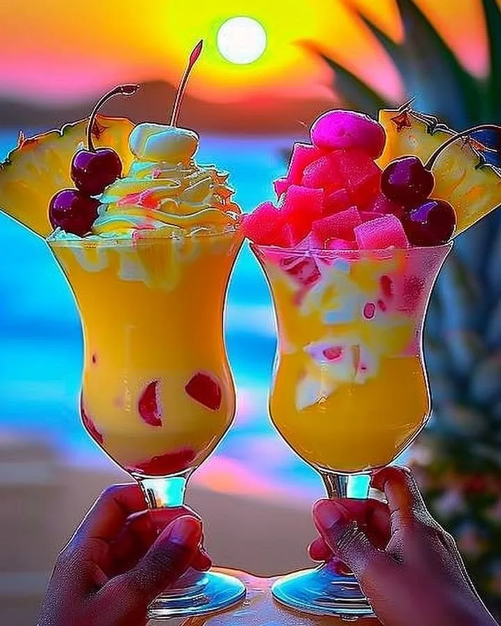 Delicious Rainbow Sherbet Piña Colada dessert in a tropical setting.