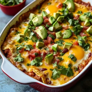 Delicious Ranch-Style Eggs Casserole topped with fresh herbs and cheese