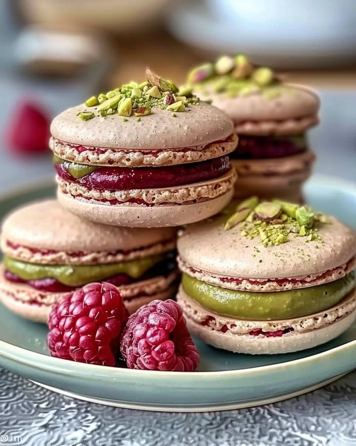 Delicious homemade Raspberry Pistachio Macarons arranged on a decorative plate.
