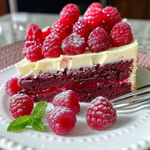 Fresh raspberry cake with cream topping and berries on a white plate