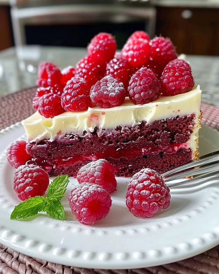 Fresh raspberry cake with cream topping and berries on a white plate