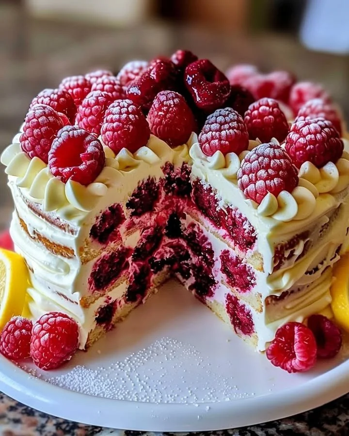 Raspberry Cake topped with creamy Lemon Buttercream frosting on a white plate.