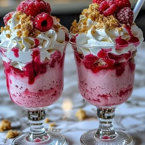 Delicious Raspberry Cheesecake Freakshake topped with whipped cream and berries