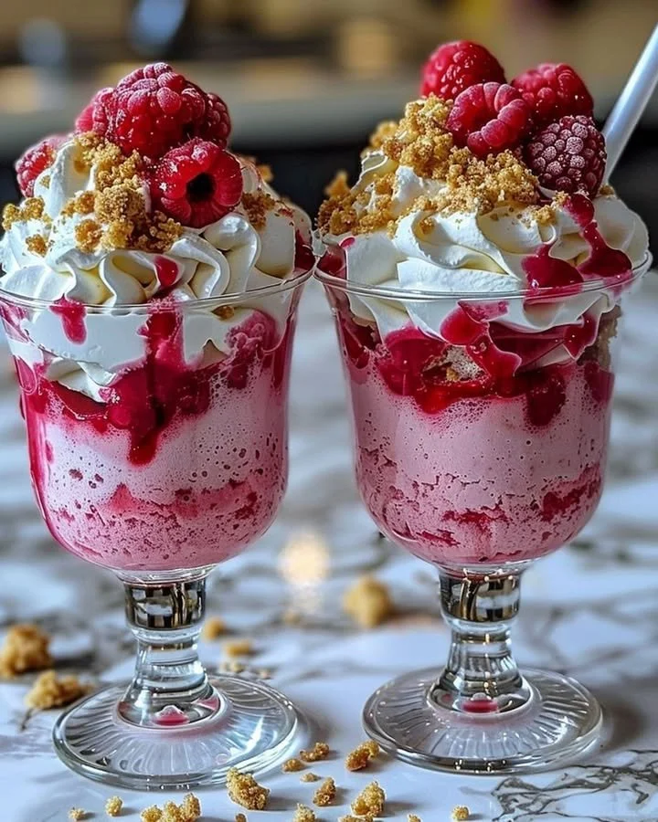 Delicious Raspberry Cheesecake Freakshake topped with whipped cream and berries