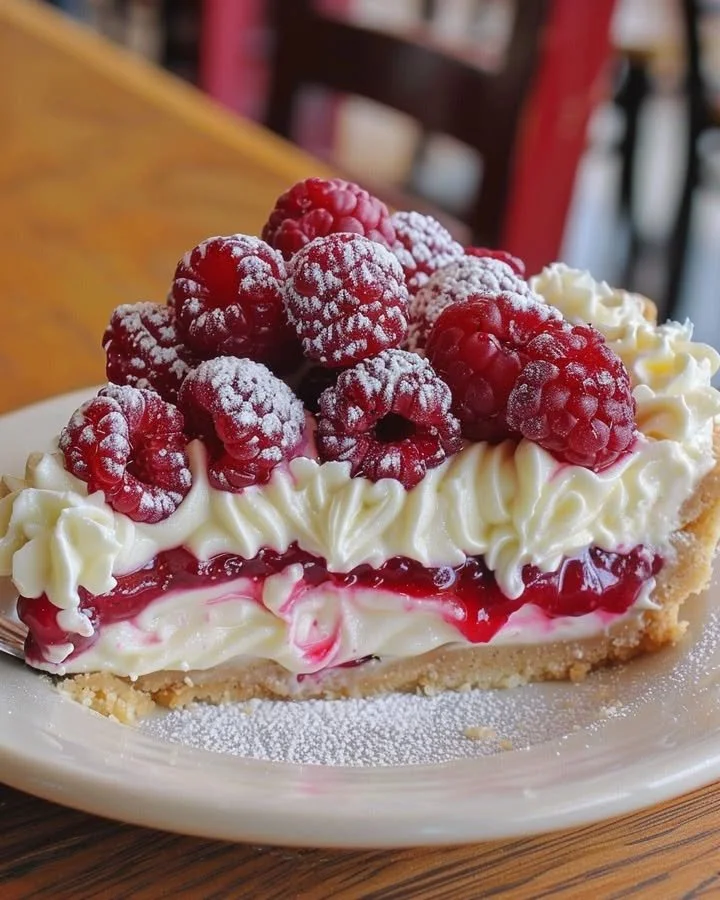 Delicious Raspberry Cheesecake Pie topped with fresh raspberries and creamy filling.