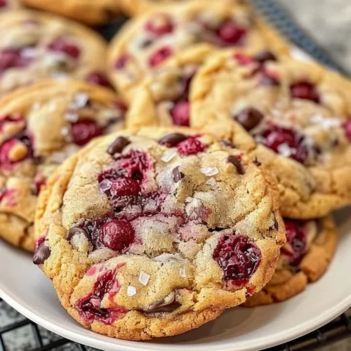 Delicious Raspberry Chocolate Chip Cookies on a baking tray