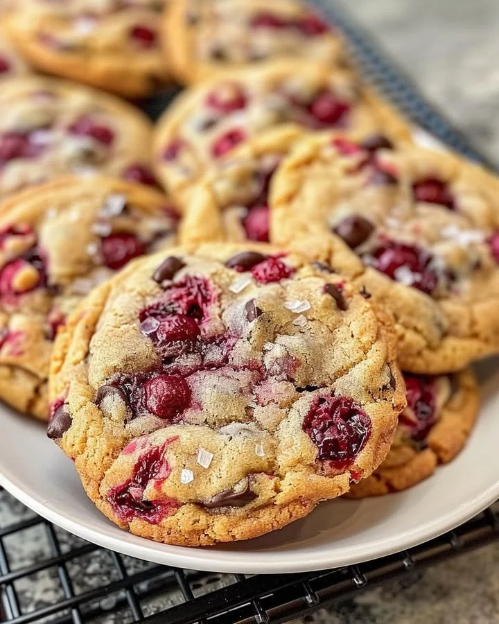 Delicious Raspberry Chocolate Chip Cookies on a baking tray