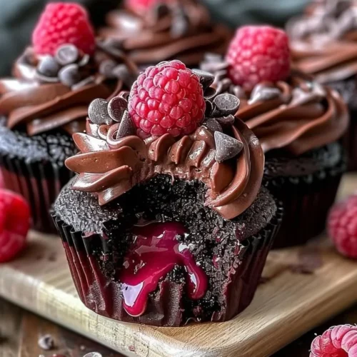 Raspberry Chocolate Lava Cupcakes with melted chocolate center and fresh raspberries