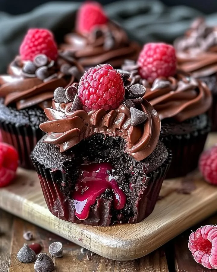 Raspberry Chocolate Lava Cupcakes with melted chocolate center and fresh raspberries