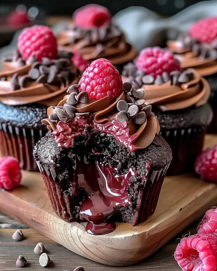 Raspberry Chocolate Lava Cupcakes with gooey chocolate center