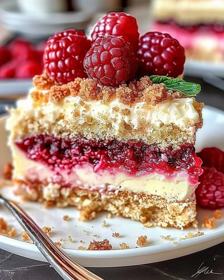Slice of Raspberry Cream Cheese Coffee Cake on a plate