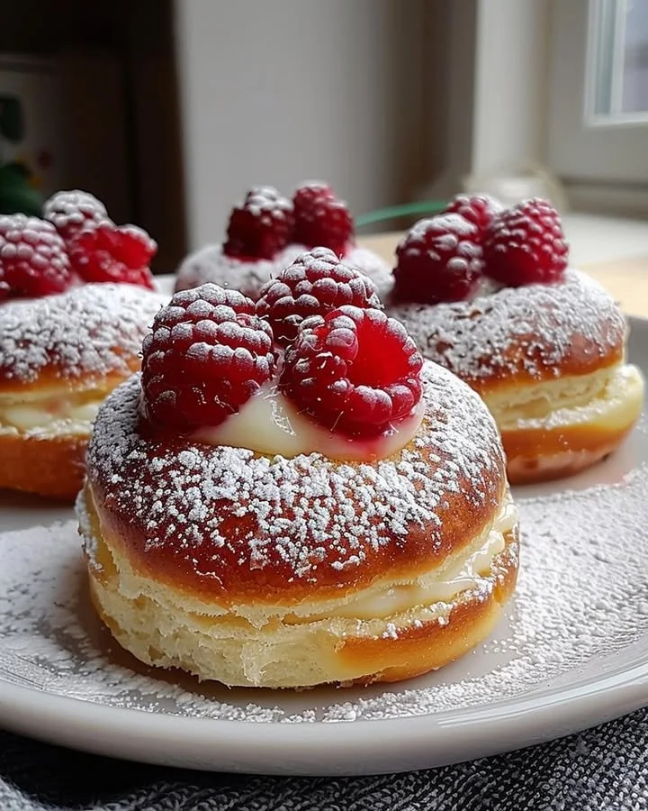 Freshly baked Raspberry Custard Buns with creamy filling and raspberry topping
