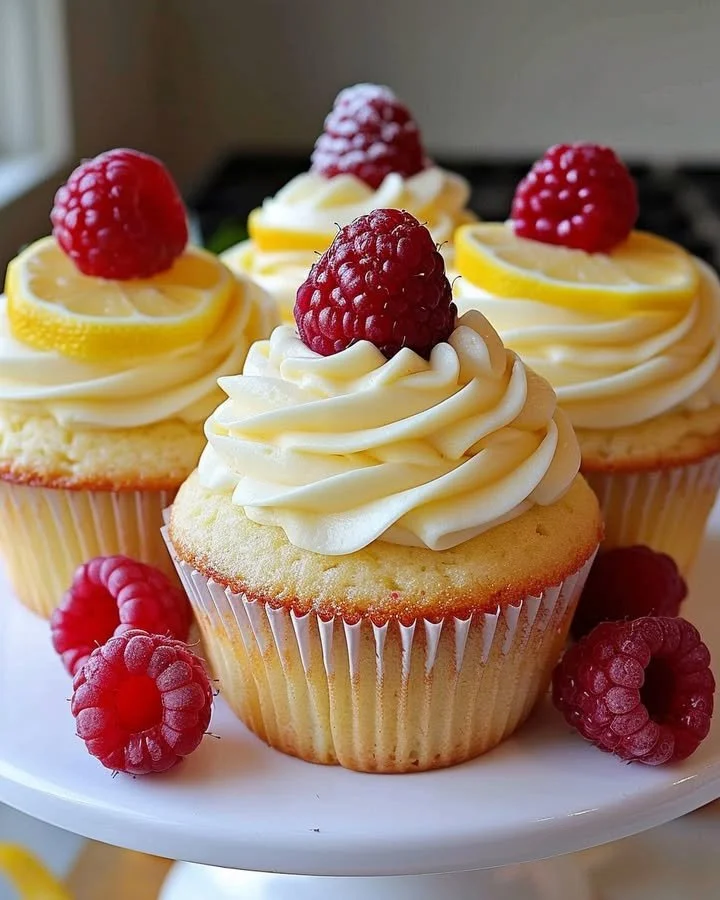 Delicious Raspberry Lemon Cupcakes topped with fresh raspberries and lemon zest.