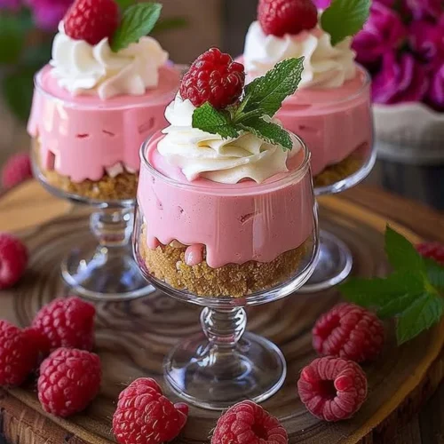 Delicious raspberry mousse cheesecake topped with fresh raspberries and whipped cream.