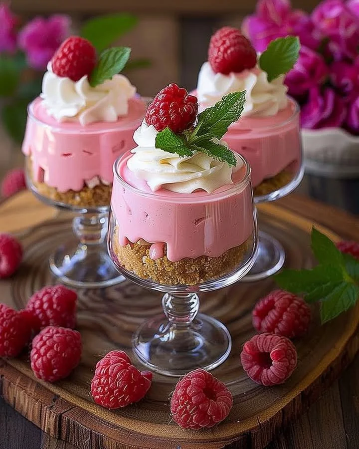 Delicious raspberry mousse cheesecake topped with fresh raspberries and whipped cream.