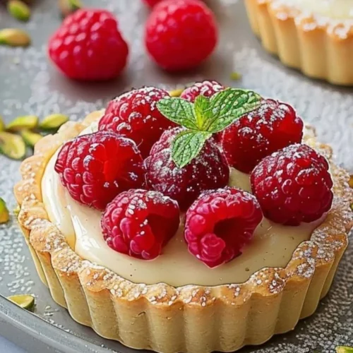 Raspberry Pistachio Cream Tarts drizzled with raspberry sauce on a decorative plate.