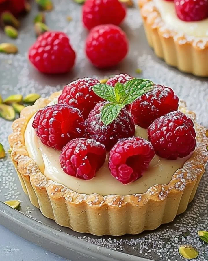 Raspberry Pistachio Cream Tarts drizzled with raspberry sauce on a decorative plate.