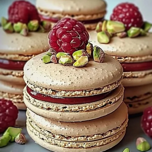 Raspberry Pistachio Macarons with vibrant colors and delicate texture