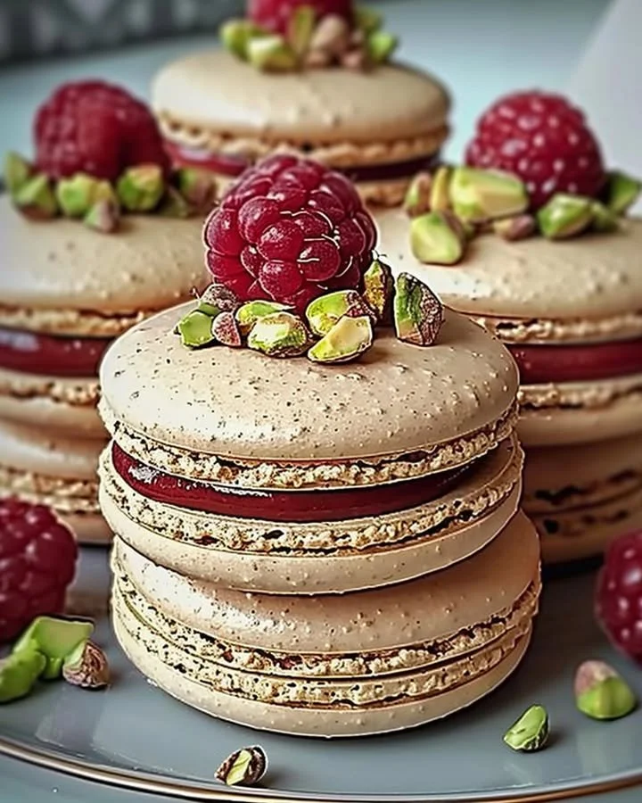 Raspberry Pistachio Macarons with vibrant colors and delicate texture
