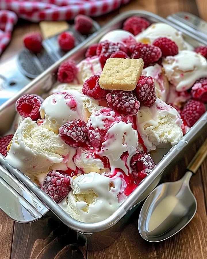Delicious Raspberry Shortcake Ice Cream served in a bowl with fresh raspberries and whipped cream