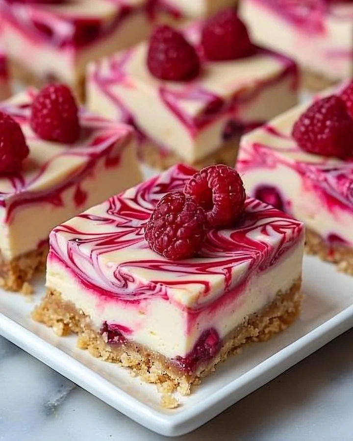 Delicious raspberry swirl cheesecake bars on a white plate.