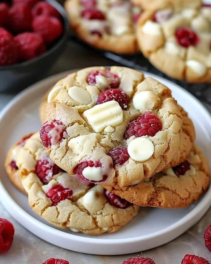 Freshly baked Raspberry White Chocolate Cookies on a cooling rack.