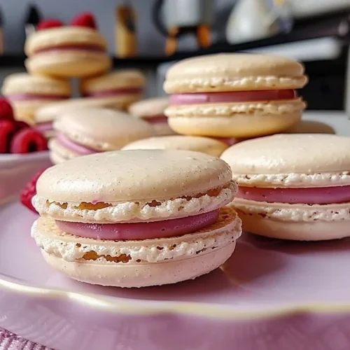Delicious Raspberry White Chocolate Macarons displayed on a dessert table