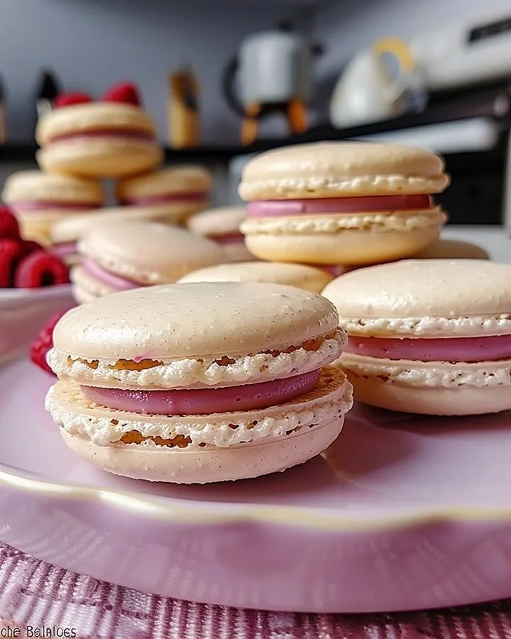 Delicious Raspberry White Chocolate Macarons displayed on a dessert table