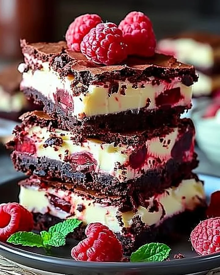 Delicious Red Velvet Brownies stacked on a plate with cream cheese frosting