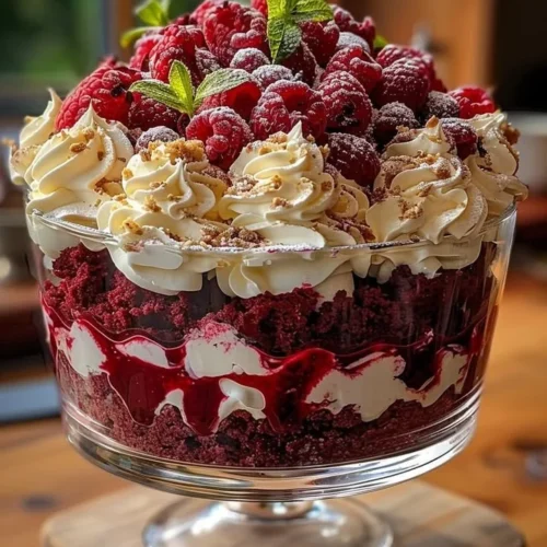 Red Velvet Cake Trifle with creamy layers and berries, a perfect dessert delight.