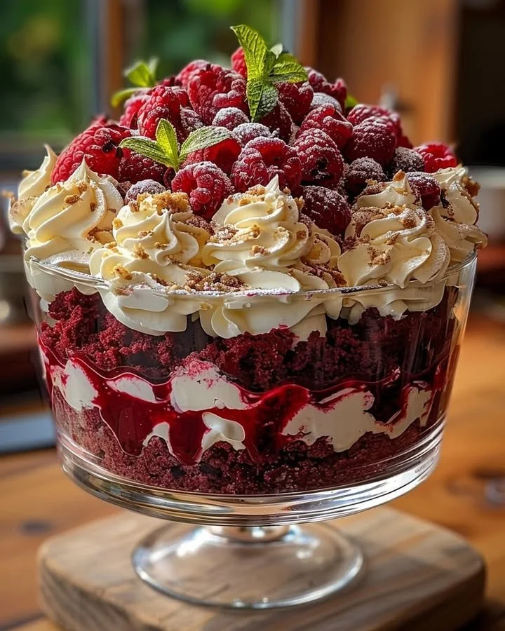 Red Velvet Cake Trifle with creamy layers and berries, a perfect dessert delight.