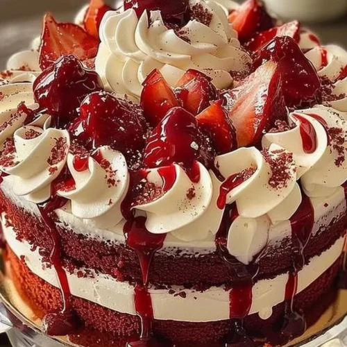 Slice of red velvet cake with cream cheese frosting on a decorative plate.
