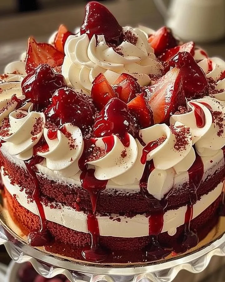 Slice of red velvet cake with cream cheese frosting on a decorative plate.