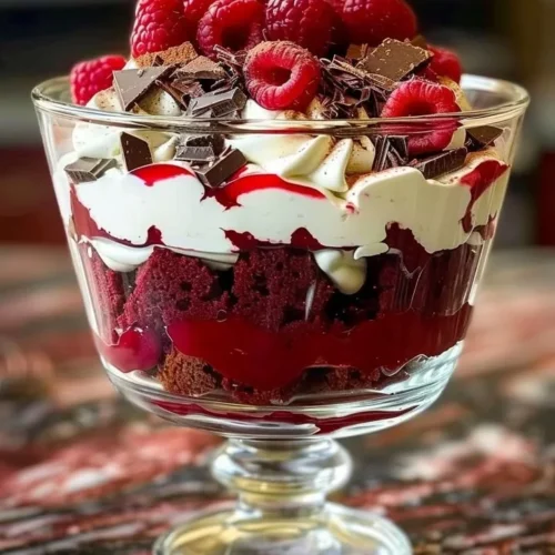 Delicious Red Velvet Cheesecake Trifle in a glass bowl with creamy layers
