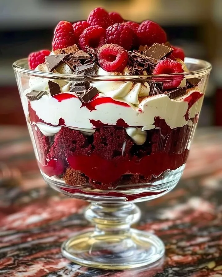 Delicious Red Velvet Cheesecake Trifle in a glass bowl with creamy layers