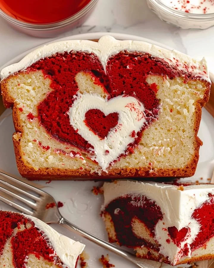 A slice of moist Red Velvet Loaf Cake with cream cheese frosting on a wooden table.