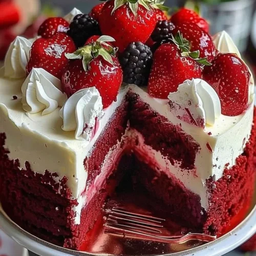 Slice of Red Velvet Strawberry Cheesecake topped with fresh strawberries.