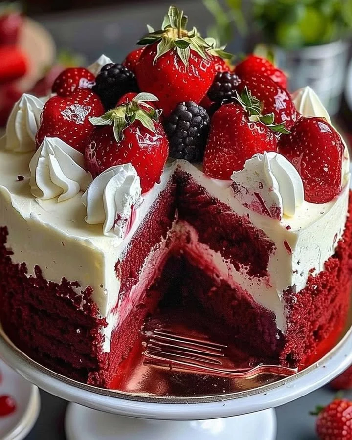 Slice of Red Velvet Strawberry Cheesecake topped with fresh strawberries.