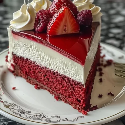 Slice of Red Velvet Strawberry Cheesecake with fresh strawberries and cream