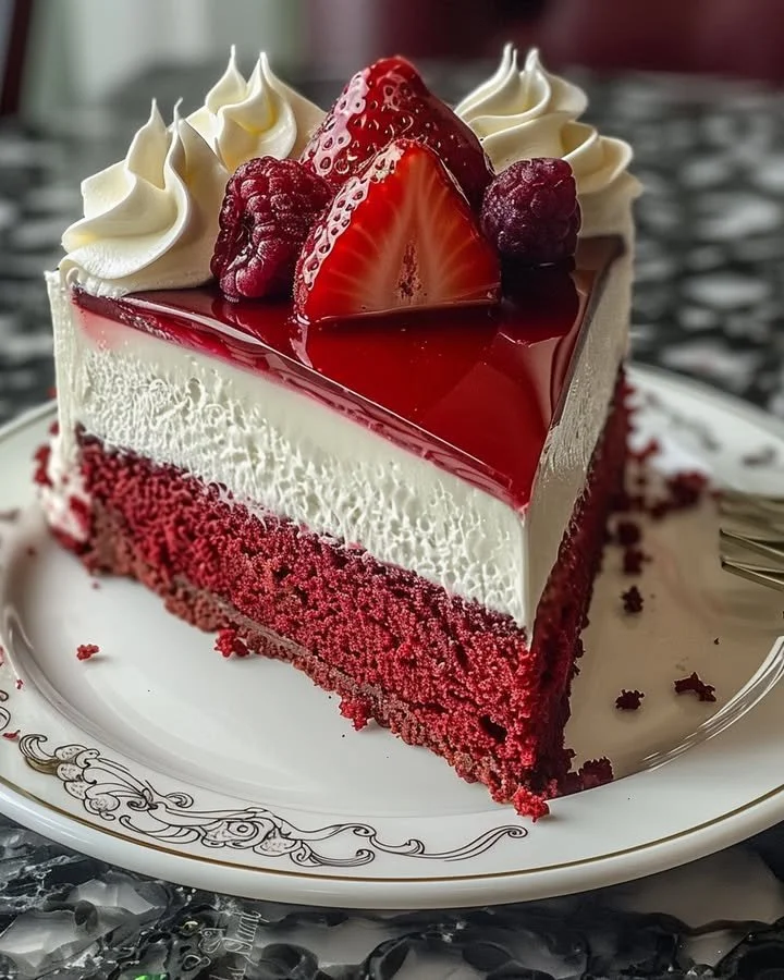 Slice of Red Velvet Strawberry Cheesecake with fresh strawberries and cream