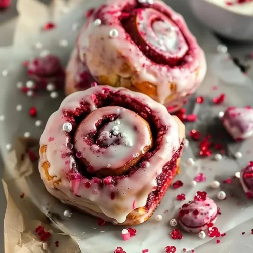 Red Velvet Valentine's Day cinnamon rolls drizzled with cream cheese icing.