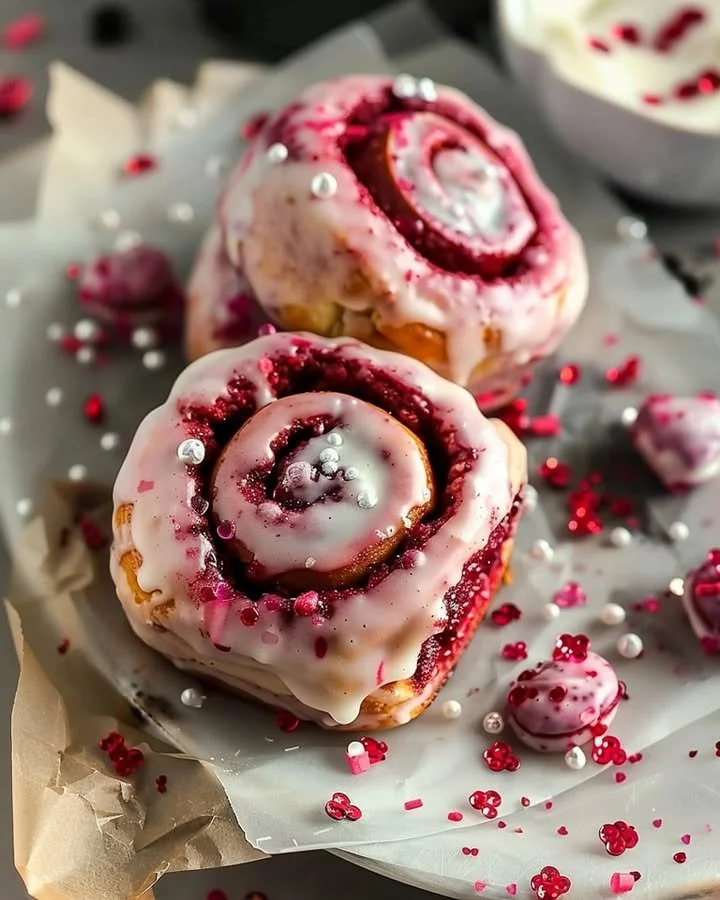 Red Velvet Valentine's Day cinnamon rolls drizzled with cream cheese icing.