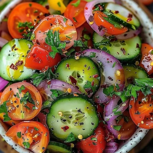 A colorful bowl of refreshing summer garden salad with fresh vegetables