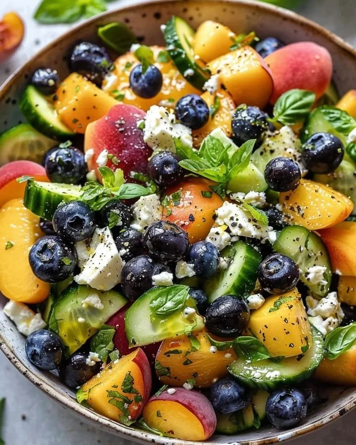 Refreshing summer medley featuring blueberries and peaches in a bowl