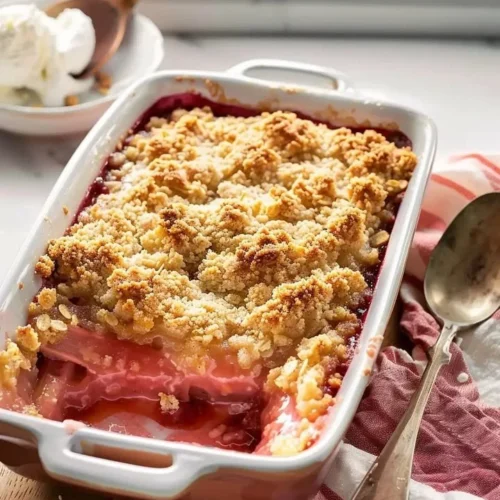 Delicious homemade rhubarb crumble served in a dish