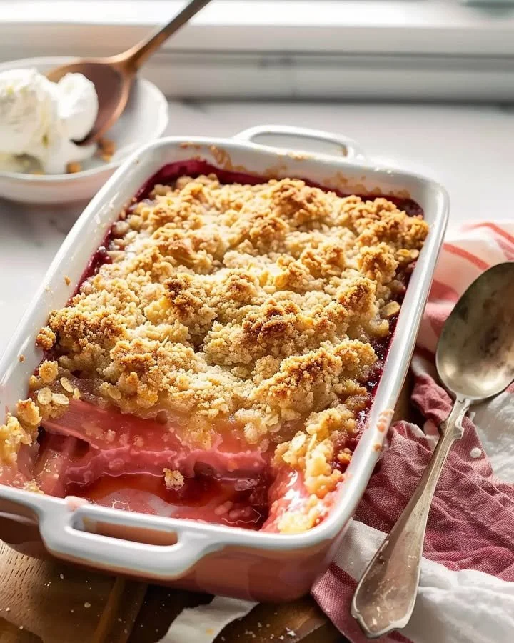 Delicious homemade rhubarb crumble served in a dish